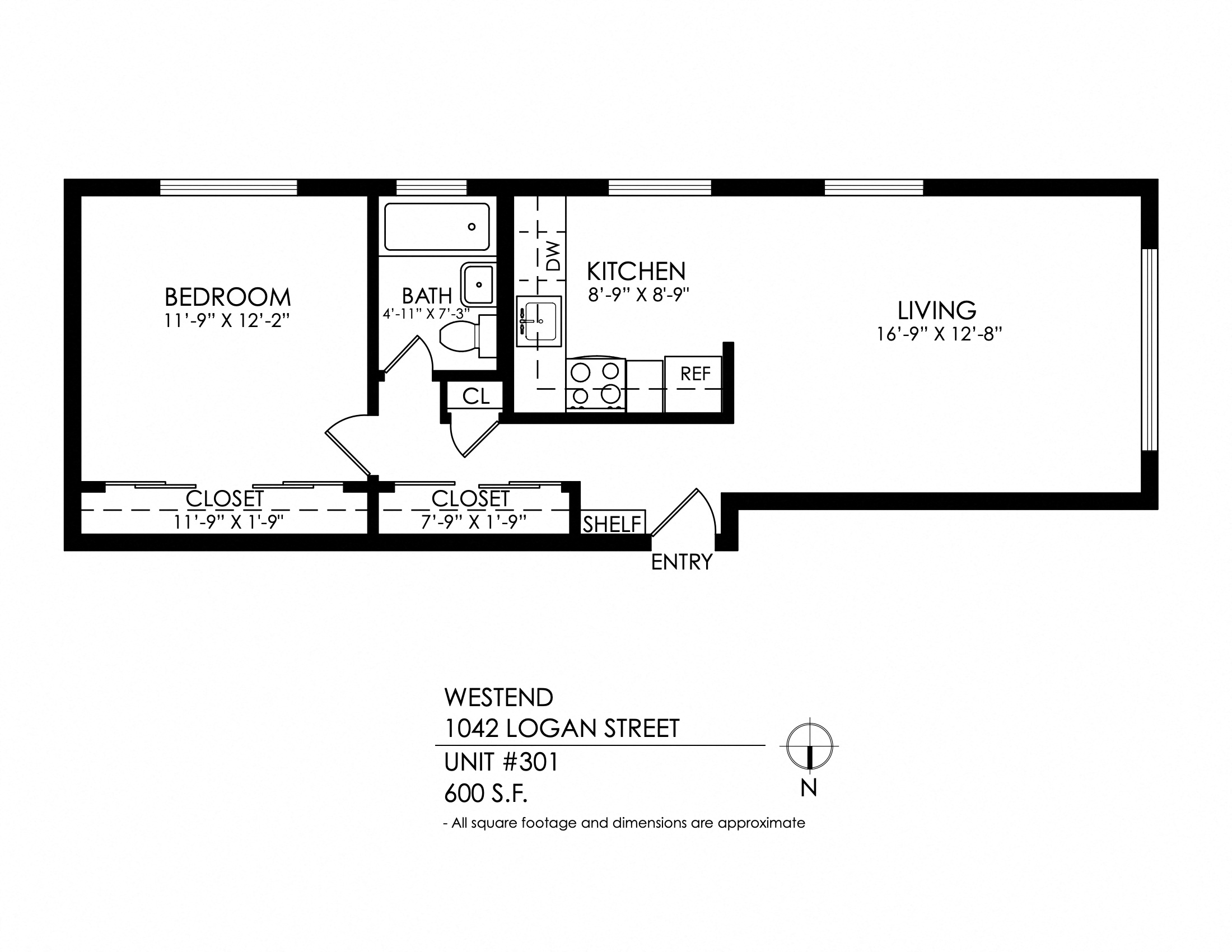 Floor plan for 1 bed, 1 bath, 600 sqft
